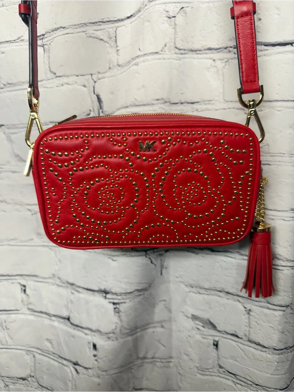Michael Kors Red Leather Quilted Stud Camera Bag
